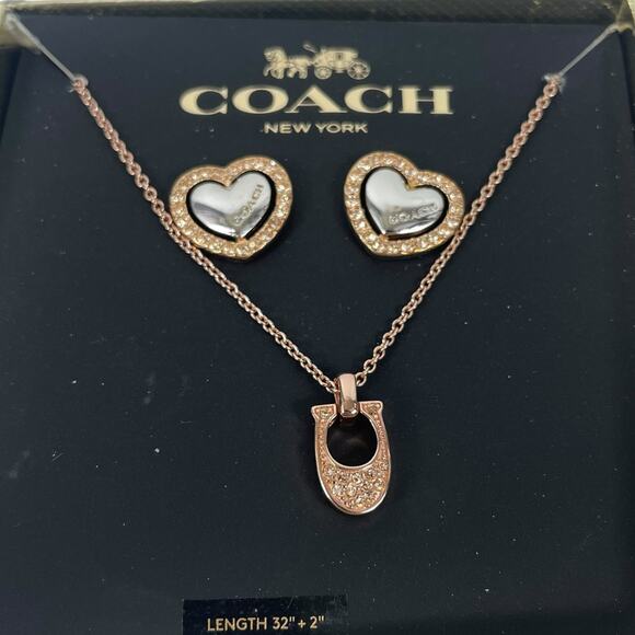 Coach Women Signature "C" Logo Necklace Heart Earrings Gift Set Rose Gold - Picture 1 of 7